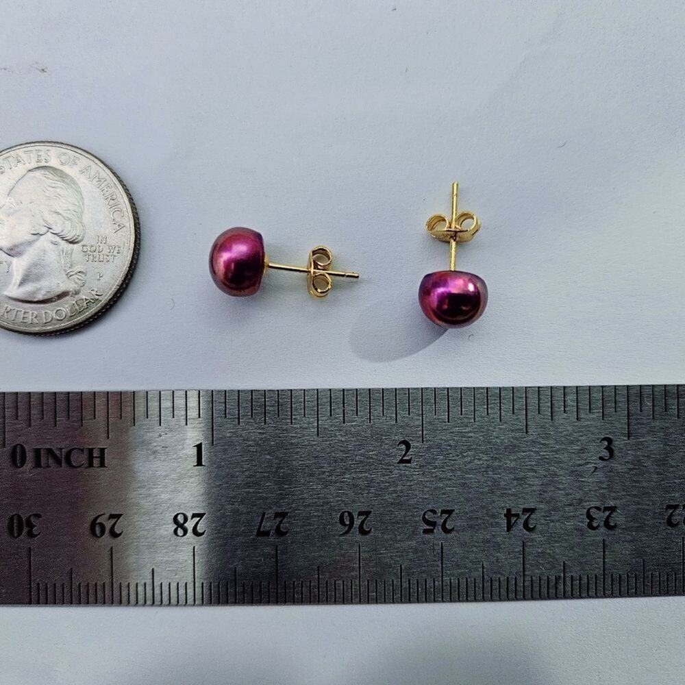 Natural Rose South Sea Pearl Stud (Post) Earrings 8/9 mm Solid 14K Yellow Gold - Picture 8 of 8